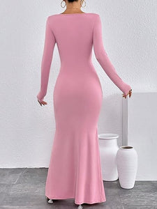 Comfort Knit Soft Pink Long Sleeve Fishtail Maxi Dress