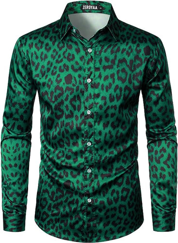 Men's Luxury Satin Printed Green Leopard Long Sleeve Dress Shirt