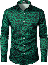 Load image into Gallery viewer, Men&#39;s Luxury Satin Printed Brown Leopard Long Sleeve Dress Shirt