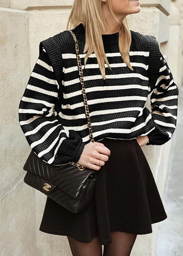 Casual Knit Black Striped Lantern Sleeve Knit Sweater