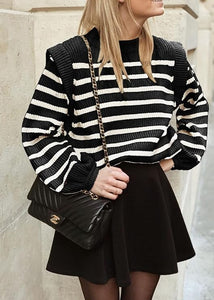 Casual Knit Black Striped Lantern Sleeve Knit Sweater