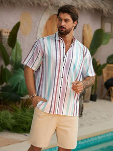 Men's Vacation Striped Summer Short Sleeve Light Gray Striped Shirt