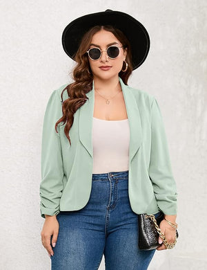 Plus Size Sage Green Ruched Sleeve Long Sleeve Blazer Jacket