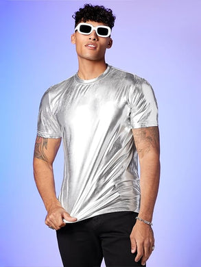 Men's Silver Sparkling Short Sleeve Metallic Shirt