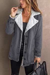 Lapel Sherpa Fleece Lined Long Sleeve Gray Button Jacket