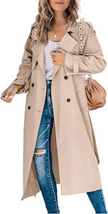 Double Breasted Windproof Belted Lapel Long White Trench Coat