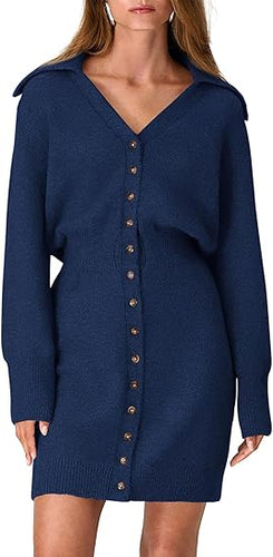 Beautiful Navy Long Sleeve Button Up Sweater Dress