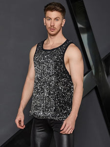 Men's Black Sleeveless Sequin Tank Top Shirt