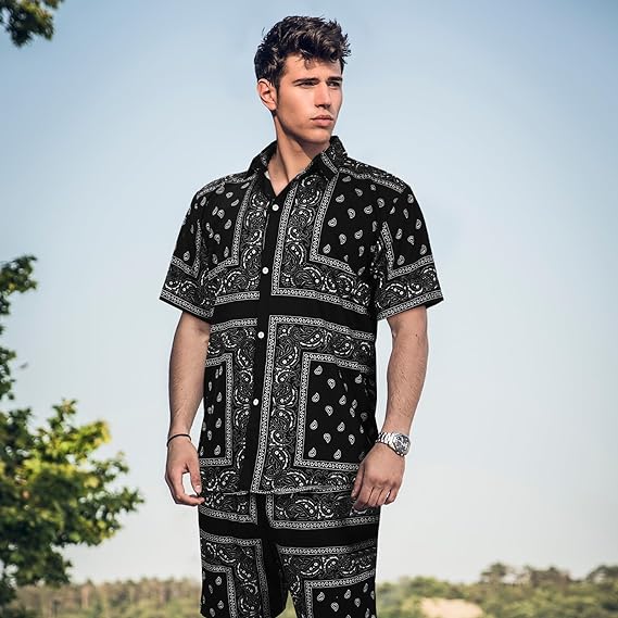 Casual Men's Black Bandana Printed Shirt & Shorts Set