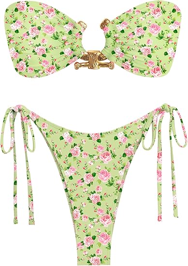 Beautiful Bandeau Bikini Green Print Swimsuit