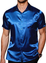 Load image into Gallery viewer, Men&#39;s Satin Blue Button Up Short Sleeve Shirt