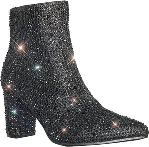 Rhinestone Studded Sequin Black Rhinestone Ankle Boots