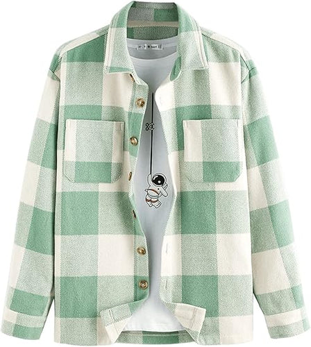 Men's Plaid Button Flannel Light Green Long Sleeve Shacket