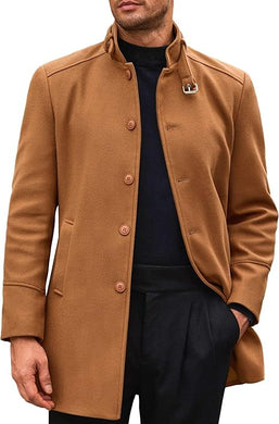 Men's Stand Collar Winter Brown Long Sleeve Coat