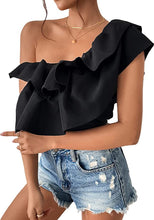 Load image into Gallery viewer, Black Ruffled One Shoulder Summer Crop Top