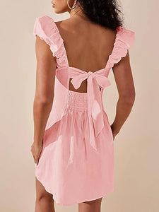 Ruched Pink Sleeveless Backless Mini Dress