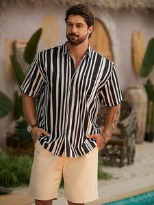 Men's Vacation Striped Summer Short Sleeve White Striped Shirt