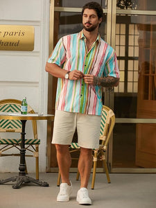 Men's Vacation Striped Summer Short Sleeve Green Striped Shirt