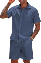 Load image into Gallery viewer, Men&#39;s Blue Linen Drawstring Casual Short Sleeve Shorts Set