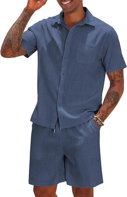 Men's Blue Linen Drawstring Casual Short Sleeve Shorts Set