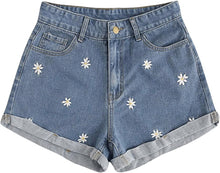 Load image into Gallery viewer, High Waist Light Blue Sunflower Denim Shorts