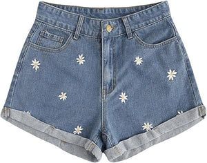 High Waist Light Blue Sunflower Denim Shorts