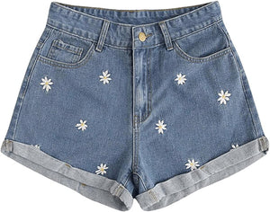 High Waist Dark Blue Sunflower Denim Shorts
