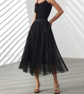 Prestigious Tulle Black Pleated Flowy Maxi Skirt