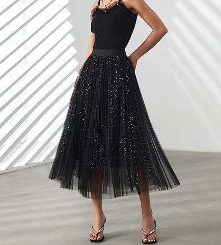 Prestigious Tulle Black Sparkle Pleated Flowy Maxi Skirt