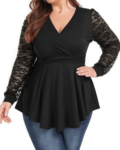 Plus Size Pink V Neck Lace Sleeve Peplum Knit Top