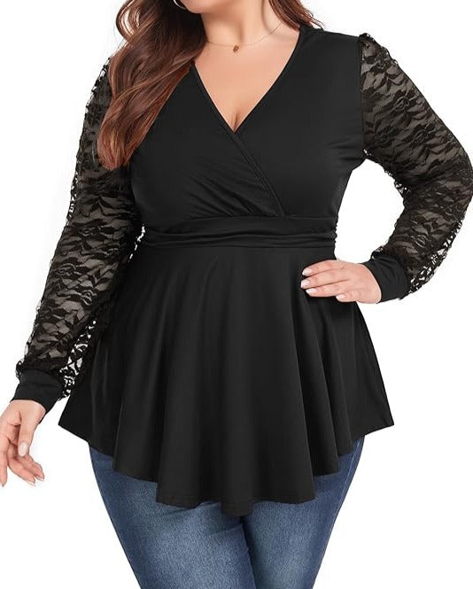 Plus Size Black V Neck Lace Sleeve Peplum Knit Top