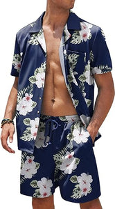 Men's Black/White Print Summer Button Up Shorts & Shirt Set