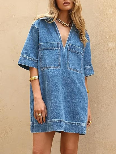 Light Blue Denim Deep V Jean Mini Dress