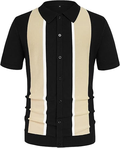 Men's Striped Knitted Short Sleeve Black Shirt