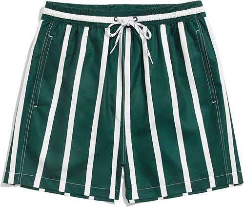 Men's Casual Drawstring Green & White Striped Shorts