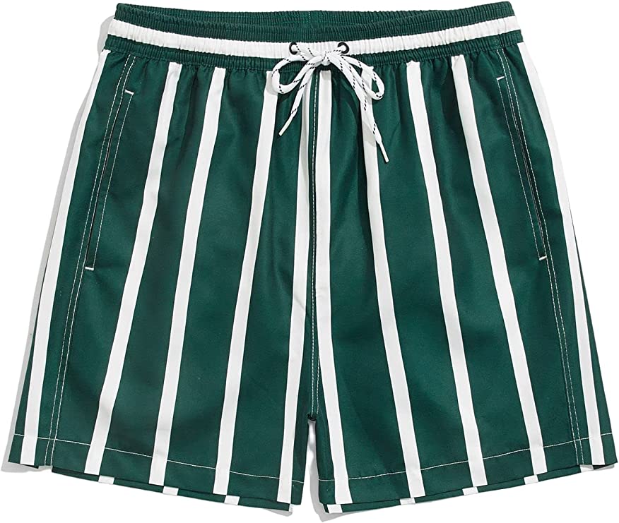 Men's Casual Drawstring Green & White Striped Shorts
