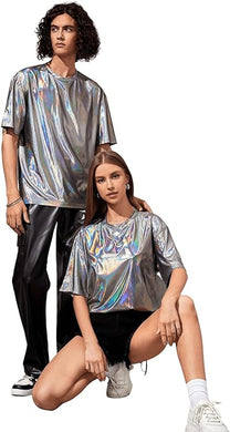 Silver Metallic Holographic Short Sleeve Shirt for Men & Women