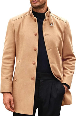 Men's Stand Collar Winter Khaki Long Sleeve Coat