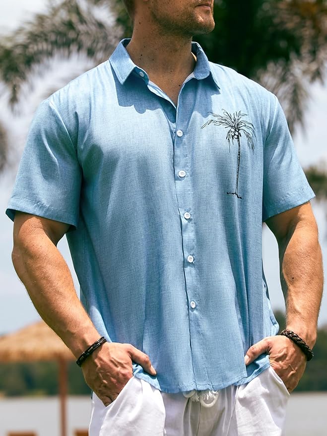 Men's Light Blue Palm Tree Short Sleeve Shirt