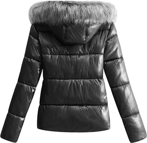 Luxurious Black Hooded Long Sleeve Puffer Faux Fur Hooded Coat