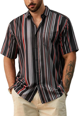 Men's Vacation Striped Summer Short Sleeve Black Striped Shirt