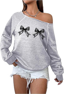 Blue-Grey Fall Chic Off Shoulder Sweatshirt