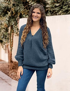 Chic Loose Fit Dark Blue Long Sleeve Wrap Sweater