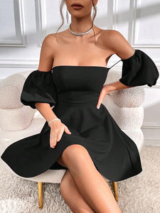 Pretty Puff Black Sleeve Strapless Flared Cocktail Dress
