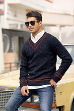 Load image into Gallery viewer, Men&#39;s Fashion V Neck Navy Blue Striped Long Sleeve Sweater