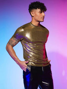 Men's Gold Sparkling Short Sleeve Metallic Shirt
