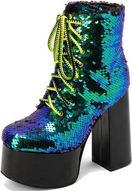 Lace Up Glitter Sequin Turquoise Green Combat Boots