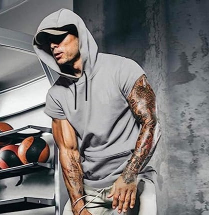 Men's Casual Sports Gray Drawstring Short Sleeve Hoodie