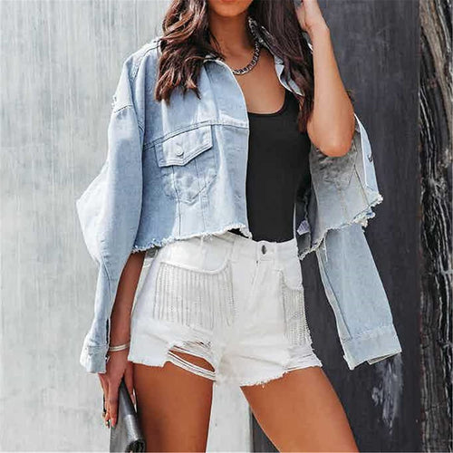 High Waist Rhinestone Chain White Denim Shorts