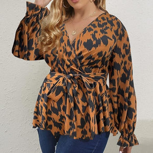 Plus Size Leopard Brown Long Sleeve Peplum Wrap Top